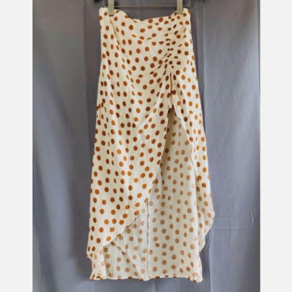 Zara Polka Dot Ruched Midi Skirt Womens XS White Brown Linen Cotton - Picture 1 of 6